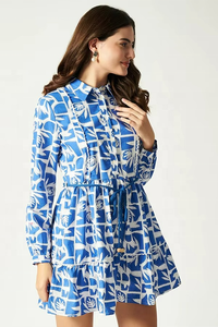 Vestido Camisero Elegante de Algodón Tejido para Mujer, con Encaje Estampado y Botones, Azul Fresco, Túnica Casual para Otoño, Precio al por Mayor - Product Image 3