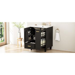 Mobile bagno in legno massello da 24 pollici con telaio in MDF, lavabo, ripiano portaoggetti, cassetto profondo e mobiletto a 2 livelli con cestello estraibile - Product Image 5