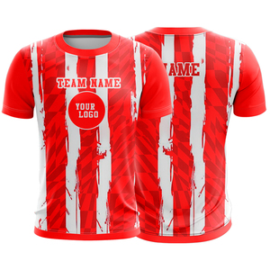 T-shirt sportif à manches courtes pour homme, rayé rouge et blanc, impression par sublimation, séchage rapide, polyester tricoté, coupe classique, col rond - Product Image 1