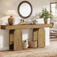 Console moderne en bois massif avec étagère de rangement et base en tréteaux pour entrée et salon
