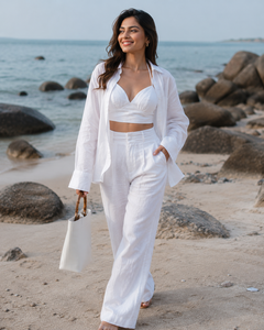Elegant White Bohemian <b>Linen</b>/Cotton Eco-Friendly 3-Piece Beachwear Set High-Waisted Wide-Leg Pants Matching Bralette Crop <b>Top</b> - Product Image 1