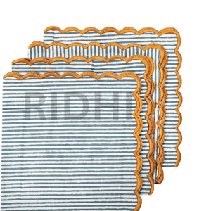 Serviettes en coton rayées bleues faites à la main Ridhi de 18 pouces avec broderie jaune festonnée, classiques pour les mariages, les fêtes, les événements, la décoration de la maison - Product Image 1