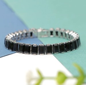 Black Onyx Stone <b>Charm</b> Bracelet 925 Sterling Silver Gold Plated Elegant Gemstone Fine Jewelry for Women & Unisex Party Occasion - Product Image 1