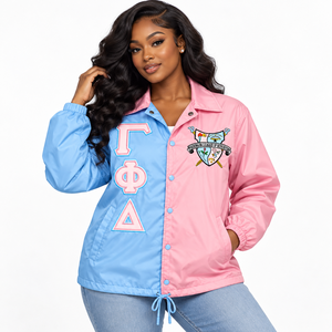Veste de coach personnalisée Gamma Phi Delta Sorority, matelassée, respirante, légère, logo brodé sur le devant, bleu ciel, rose, manches longues - Product Image 1