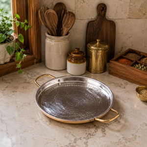 Premium Hammered Stainless Steel Serving Tray with Brass Handles Round Indian Platter Buffet Server <b>for</b> Home Kitchen Hotel - Product Image 2