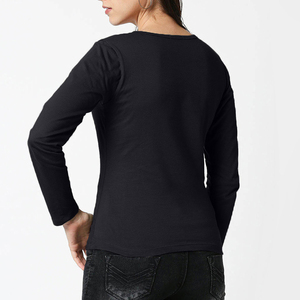Women <b>Long</b> Sleeve O-Neck T-Shirt Solid Color Knitted Casual <b>Top</b> Regular Fit Full Sleeve <b>Black</b> - Product Image 1