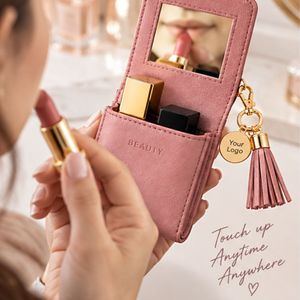 Mini trousse de maquillage de voyage avec double compartiment et porte-clés, pochette de beauté portable pour rouge à lèvres avec miroir - Product Image 3
