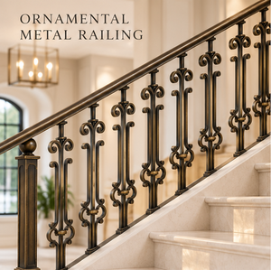 Rampe d'escalier en bronze antique avec balustrade, accents festonnés inspirés des fleurs et poteaux à embouts sphériques pour intérieurs - Product Image 1