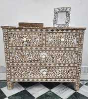 Meuble TV artisanal en résine indienne avec incrustation peinte, motif ange, personnalisable, pour divertissement et décoration intérieure, Galore CTR