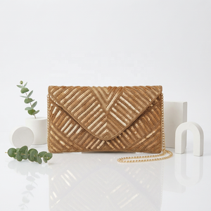 <b>Gold</b> Embroidered <b>Sequin</b> Handmade Lightweight Clutch Handbag Rectangular Evening Purse with Chain - Product Image 1