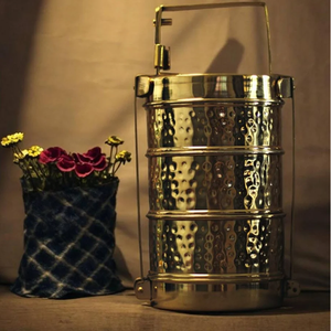 Vintage brass tiffin <b>box</b>, 2 tier hammered food carrier, traditional metal lunch <b>box</b>, available at wholesale prices. - Product Image 4