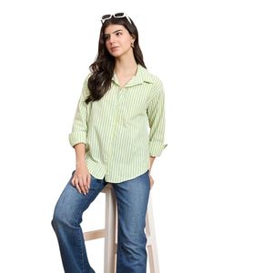 Camisa de Algodón a Rayas para Mujer, con Botones, Manga Tres Cuartos, Corte Holgado, Casual, Primavera-Verano, Cuello Camisero, Popelina Tejida - Product Image 1