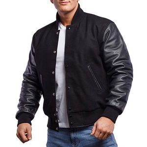 Chaqueta estilo universitario para hombre en negro y marrón, mangas estilo cuero, forro acolchado, ribete a rayas, botones a presión, abrigo de moda urbana. - Product Image 4