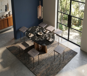 ชุดโต๊ะรับประทานอาหารหินอ่อนสีดำทรงรีทันสมัยพร้อมฐานโลหะแกะสลัก เฟอร์นิเจอร์หรูหราสำหรับบ้านและโรงแรม - Product Image 1