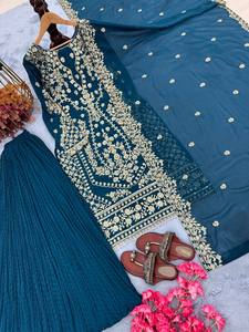 Traje Palazzo de Georgette Sintética de Alta Calidad con Pantalón Khajuri, Bordado de Remaches y Moti, y Dupatta Completamente Cosido para Fiesta - Product Image 3