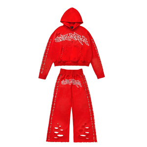 Conjunto de chándal de algodón grueso personalizado de moda, con efecto desgastado, lavado ácido y pedrería, que incluye sudadera con capucha con cremallera y pantalones de chándal. - Product Image 5