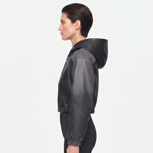 Hoodie court en cuir PU pour femme avec fermeture éclair avant et poches latérales, style streetwear - Product Image 3