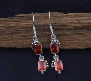 Boucles d'oreilles pendantes en argent avec zircon orange et quartz, faites à la main, bijoux élégants, cadeau pour filles et femmes - Product Image 2