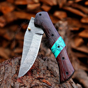 High Quality Damascus Steel Pocket Folding Knife Handmade Outdoor Foldable Knife with Wooden Handle for Hiking and <b>Camping</b> - Product Image 1