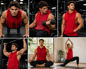 Red Muscle Fit Sleeveless Eco-Friendly Quick Dry Breathable Gym Hoodie for Men Hooded Workout <b>Vest</b> Bodybuilding Fitness Sports - Product Image 2