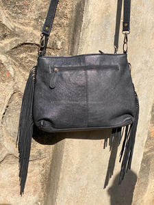 Handmade Women's Cowhide Leather Tote Bag Natural Cow Suede Fringes Crossbody Style Tooled Patch Nylon Lining Zipper OEM Logo - Product Image 5