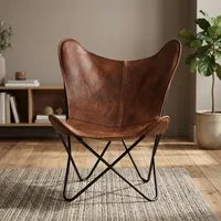 Fauteuil papillon en cuir avec pieds en métal, fait main, style mid-century modern, pour salon