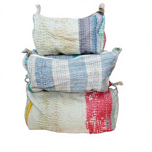 100% Pure Cotton Kantha Fabric Tassel Pattern Zipper Closure Eco-Friendly Durable Large <b>Makeup</b> Bag Pouch Set Soft Handle - Product Image 1