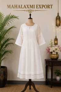 <b>White</b> Solid Chiffon Pleated Casual Dress Loose Fit <b>Maxi</b> O-Neck 3/4 Sleeve 100% Cotton ODM Beach Vacation Wear - Product Image 5