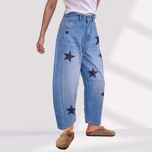 Women's Mid-Rise Star Printed <b>Balloon</b> Jeans Vintage Baggy Horseshoe Breathable Y2K Style Ankle Pants with Logo Waist - Product Image 2