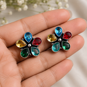 Envío Rápido, Pendientes de Plata Oxidada con Circonitas Multicolores en Forma de Flor |   Proveedor al por mayor de ropa floral tribal bohemia para mujer - Product Image 1