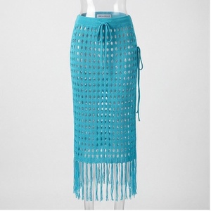 Turquoise Knitted Hollow Out <b>Skirt</b> With Drawstring And Tassel Trim Women's Beachwear - Product Image 1