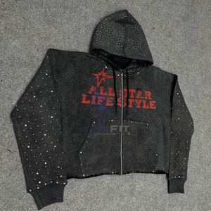 Customized Design Top Impact Best Zipper Distressed Hoodie <b>Rhinestone</b> Zip up <b>Jacket</b> Acid Wash Men Fleece Streetwear Hoodie - Product Image 6