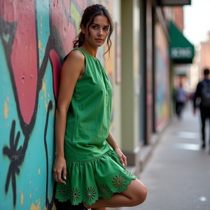 Minivestido ligero sin mangas para mujer en algodón verde sólido con silueta ALine escote redondo festoneado y volantes - Product Image 3