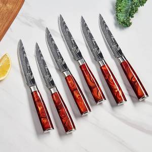 6-Piece Steak <b>Knife</b> <b>Set</b> with Damascus Blade Pattern and One of a Kind Crimson Red Epoxy Resin Handles - Product Image 2