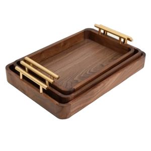 Ensemble de plateaux de service rectangulaires en noyer noir classique avec poignées dorées, plateau décoratif en bois massif pour hôtel et usage domestique - Product Image 1
