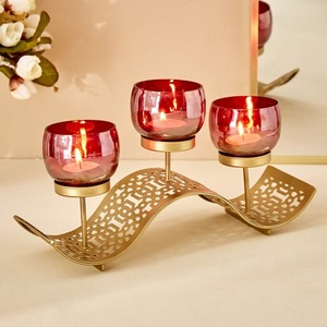 Gold Brass 3 Arm Tea <b>Light</b> Holder Candelabra Ginkgo <b>Leaf</b> Metal Candlestick with Glass Cups for Home Decor - Product Image 6
