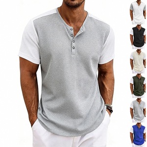 Bangladesh CN Factory Price Men's Plus Size Waffle Henley <b>T</b> <b>Shirt</b> Short Sleeve Contrast Breathable Knitted Summer Tee Casual - Product Image 1