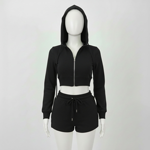Sweat-shirt à capuche court noir pour femme, fermeture éclair, manches longues, en coton tricoté, pour l'automne, avec ensemble de shorts à cordon - Product Image 1
