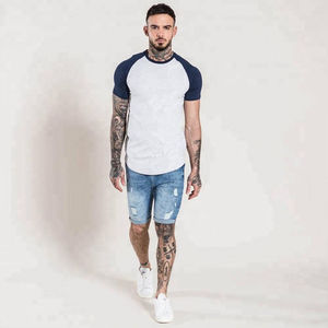 <b>Mens</b> Raglan Short Sleeve Contrast Navy Blue Sleeve Grey Cotton T-<b>Shirt</b> Custom Logo OEM ODM Wholesale Apparel - Product Image 4