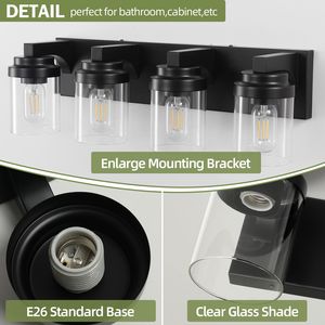 Lampada da Bagno a 4 Luci Nero Opaco con Paralume in Vetro Trasparente, Illuminazione Premium per Specchio e Mobile da Bagno - Product Image 6