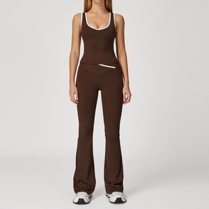 Women's Solid V Neck Elastic Waist High Fitness <b>Flared</b> <b>Leggings</b> Bra 2 Piece Set Breathable Lightweight Four Way Stretch - Product Image 5