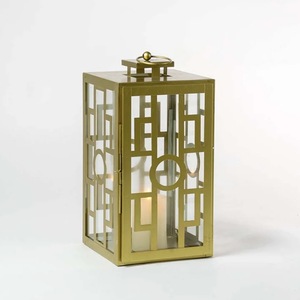 Wholesale Gold Brass Color Geometric <b>Candle</b> Holder <b>Lantern</b> With Toughen Glass Panels For Home Decoration - Product Image 2
