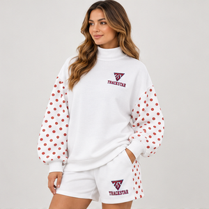 Women's White Polka Sleeve Fleece Mock Neck 2-Piece <b>Shorts</b> <b>Set</b> Drop Shoulder Sweatshirt Matching <b>Shorts</b> Custom Wholesale - Product Image 3