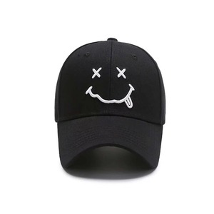 Custom Unisex Black 6-Panel <b>Snapback</b> <b>Cap</b> With White Embroidered Smile Face Street Style Casual Adjustable Hat Adult - Product Image 1