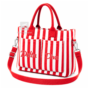 Bolsa de lona personalizada de la hermandad Delta Sigma Gamma, azul y blanca, con logotipo bordado a rayas, para uso diario, de gran capacidad. - Product Image 1