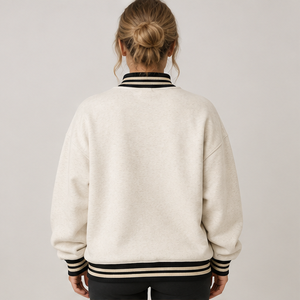 Women's Oatmeal Mock Neck <b>Sweatshirt</b> with <b>White</b> Striped Trim Varsity Letters Long Sleeve Custom Logo - Product Image 1