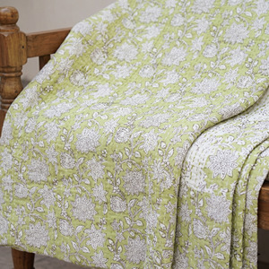 Handmade Printed Cotton Kantha Quilt Reversible Traditional Bedspread All Season <b>Comfort</b> Green Floral Pattern - Product Image 3