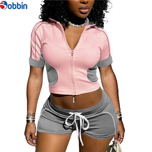 Ensemble 2 pièces tendance pour femme : veste courte sport décontractée et short, style patchwork, fermeture éclair, collection automne - Product Image 1