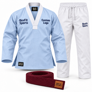 Ensemble de Taekwondo Dobok Arts Martiaux Unisexe en Mélange de Coton, Chemise d'Entraînement à Col en V, Pantalon Long avec Ceinture, Uniforme Personnalisable avec Logo - Product Image 3