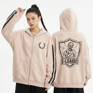 Sudadera con capucha y cremallera azul medianoche personalizada con lavado ácido para mujer, estampado gráfico de cronómetro, estilo urbano desgastado, fabricante de sudaderas de forro polar - Product Image 2